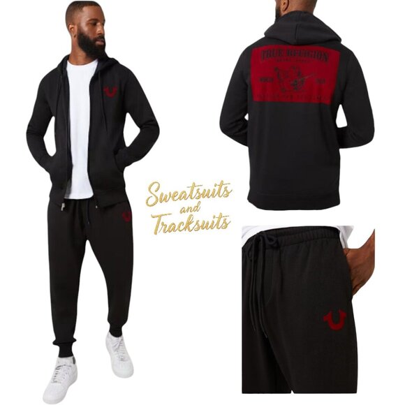 True Religion 2 Piece Fleece Sweatsuit Tracksuit Hoodie Joggers Red Velvet NEW
